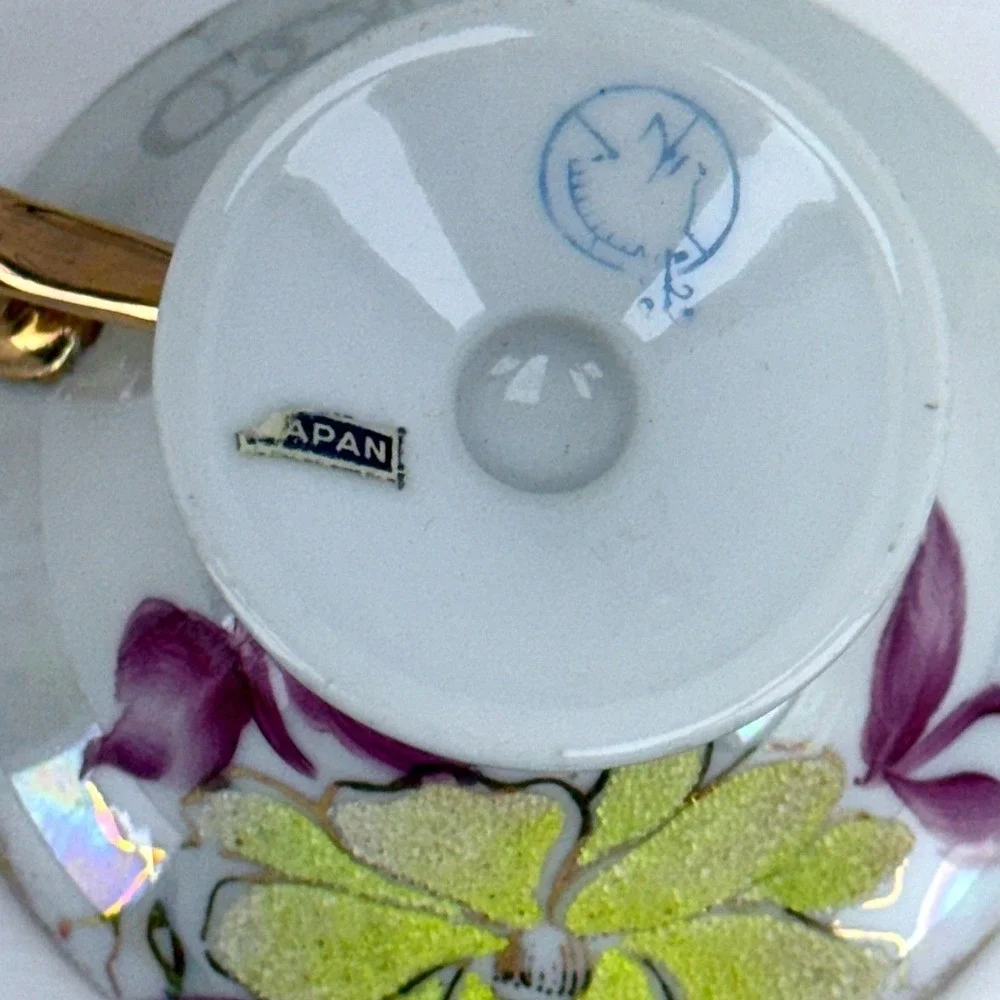 Vintage Japan Sterling‎ China Iridescent Floral Textured Pansy Teacup & Saucer